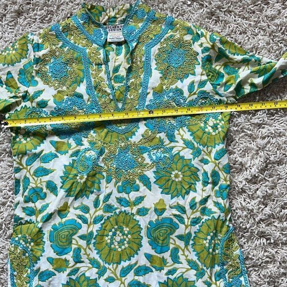 GRETCHEN SCOTT DESIGNS Embroidered Green White & Aqua Foliage Tunic Pullover XS - Picture 7 of 16